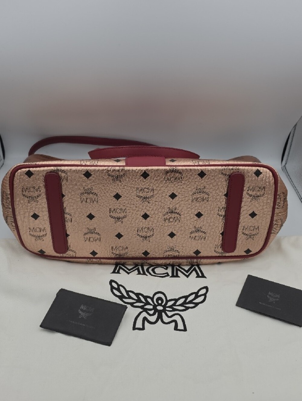 MCM Rose Gold Metallic Vietos Burgundy Stripe Gold Hardware Large Tote (EUC)✨️ - Picture 9 of 15
